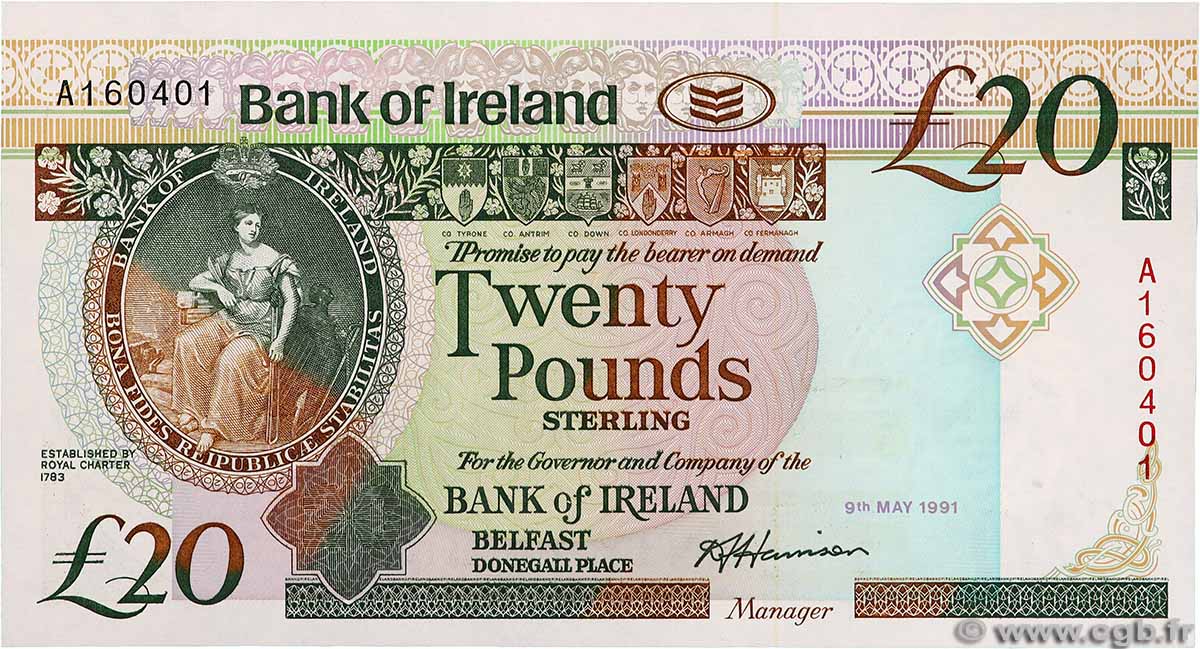 20 Pounds NORTHERN IRELAND 1991 P.072a SC+