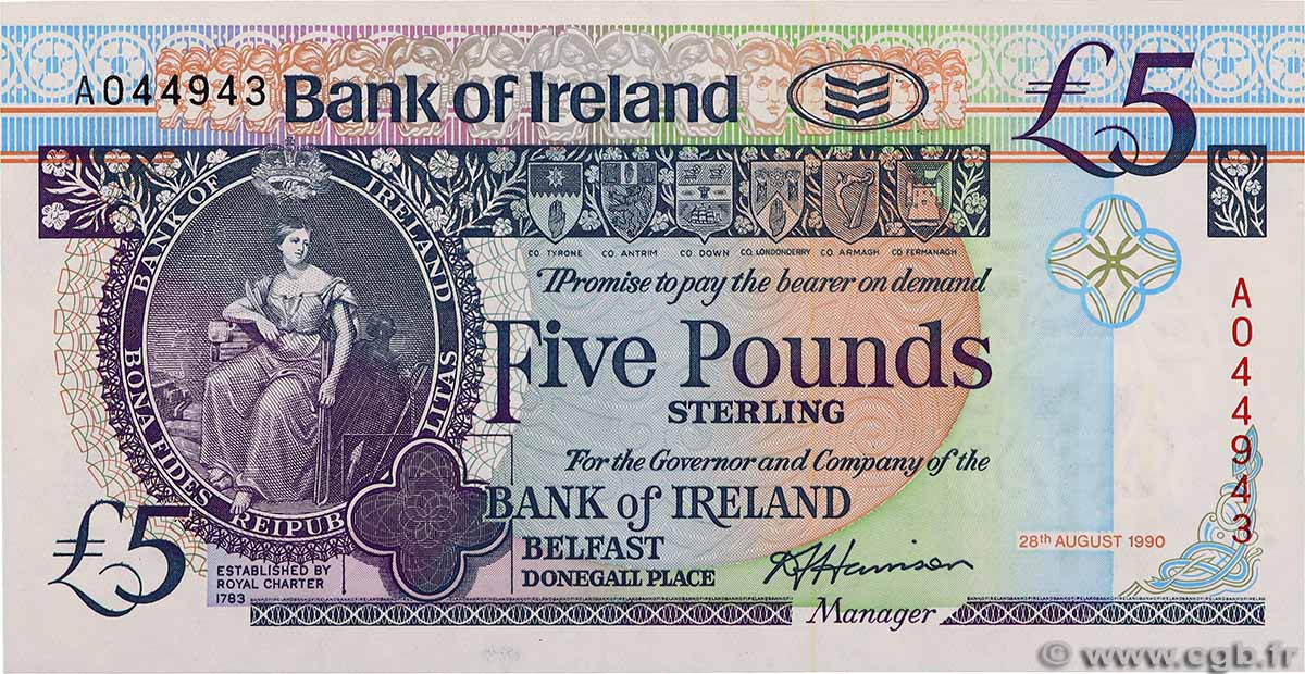 5 Pounds NORTHERN IRELAND 1990 P.070a AU-