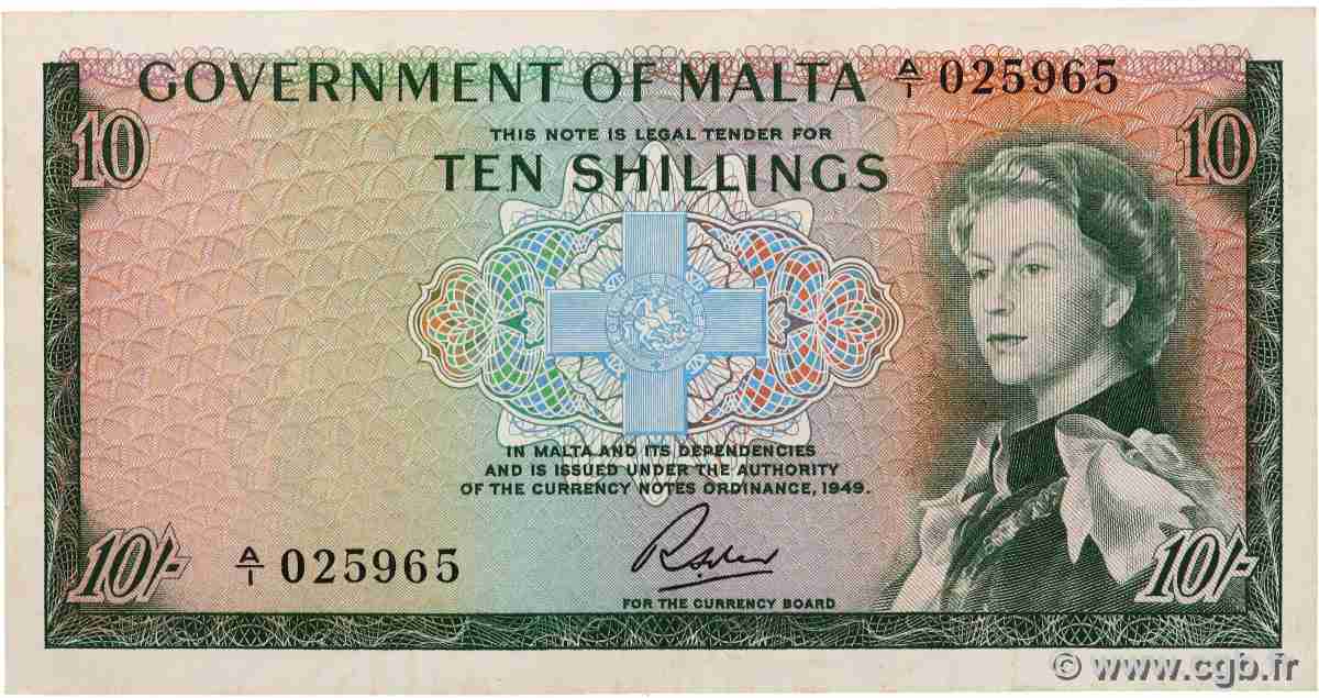 10 Shillings MALTE 1963 P.25a VF