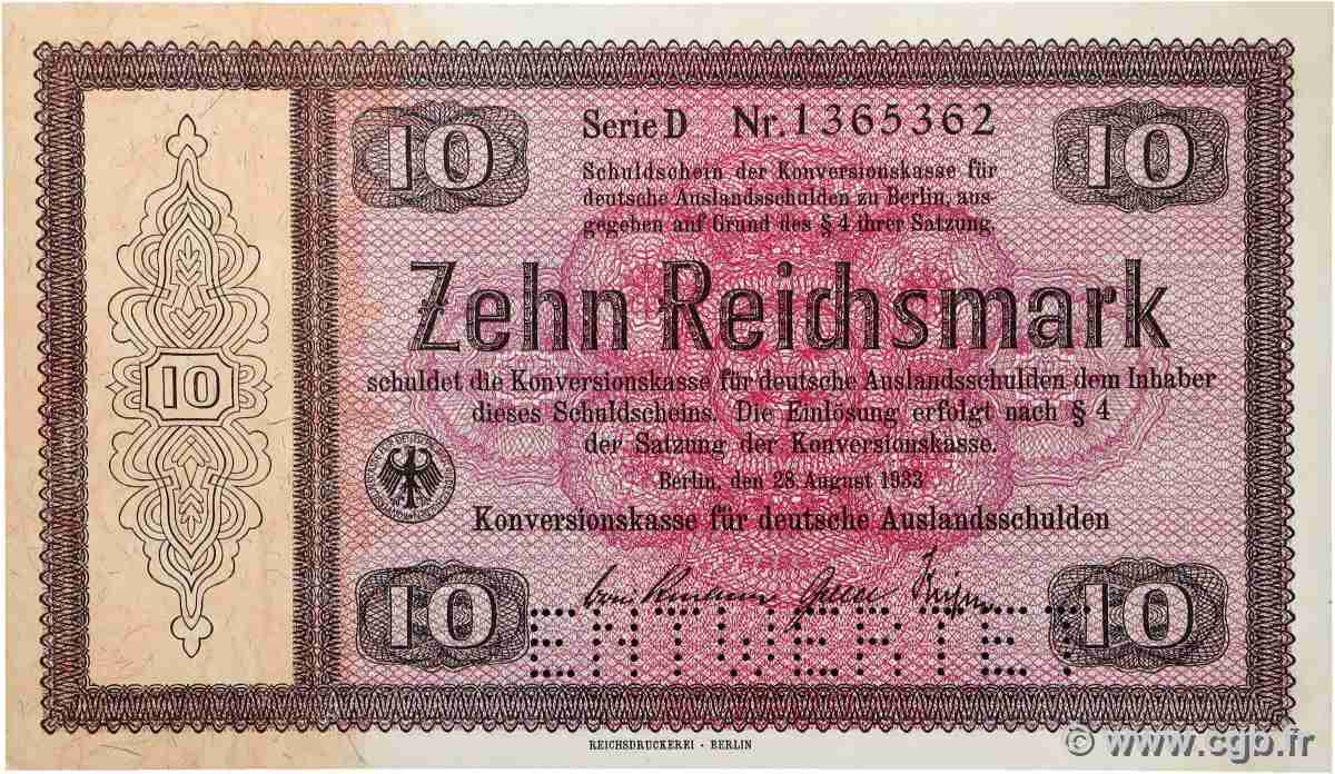 10 Reichsmark Spécimen GERMANY 1933 P.200 UNC-