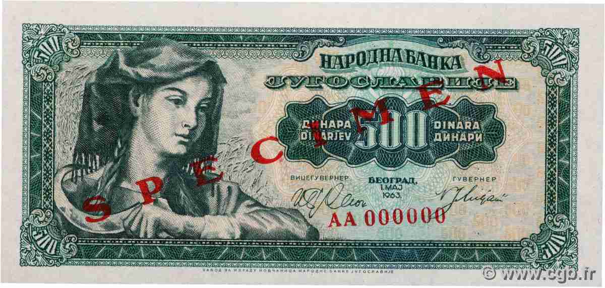 500 Dinara Spécimen YUGOSLAVIA 1963 P.074s UNC-