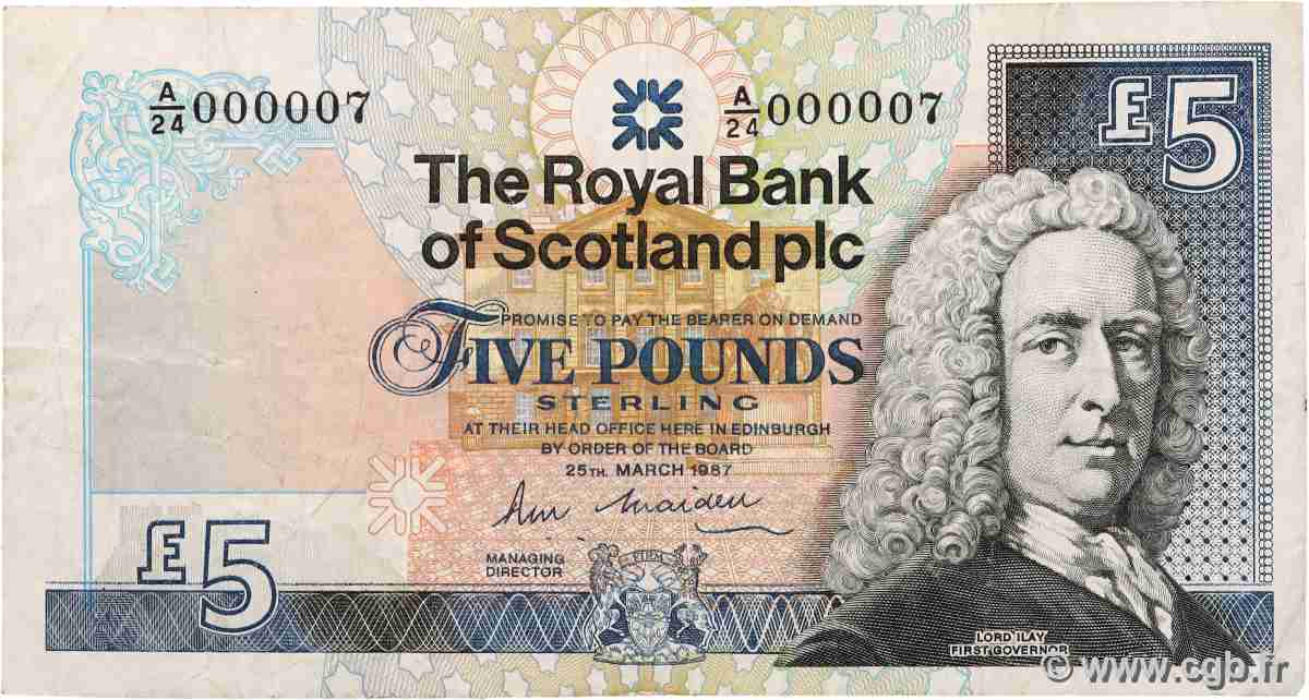 5 Pounds Petit numéro SCOTLAND 1987 P.347a F+