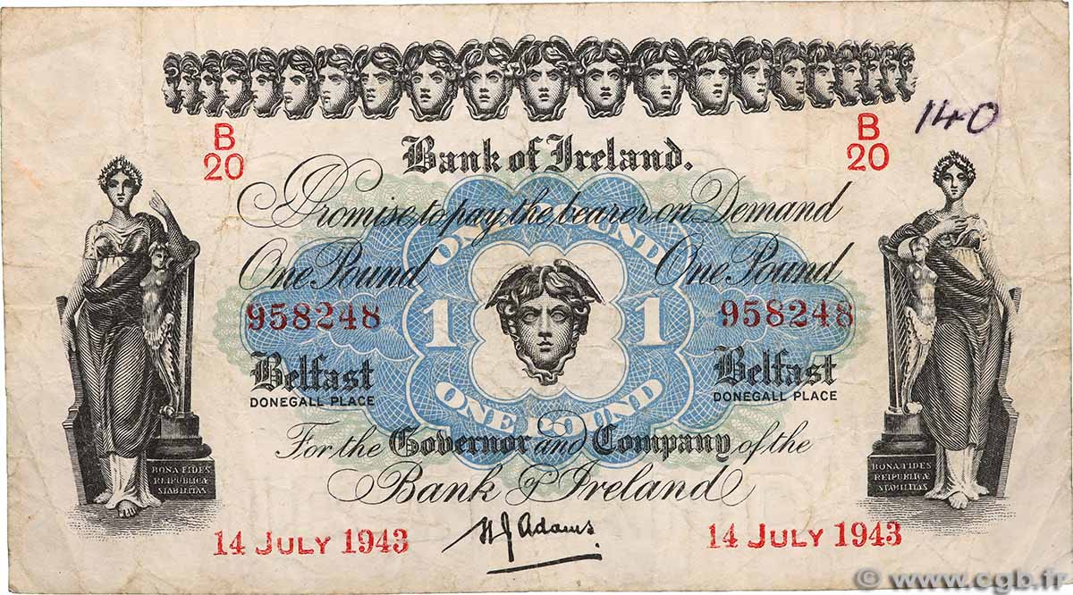 1 Pound IRLANDE DU NORD 1943 P.055b B+