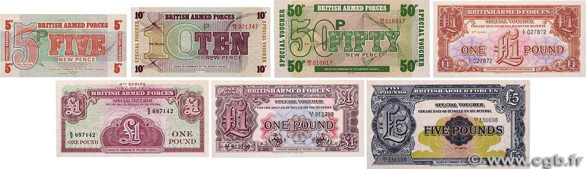 5, 10 et 50 New Pence, et 1 et 5 Pounds Lot INGHILTERRA 1948 P.M022b, P.M023, P.M029a, P.M036a, P.M044, O.M045 et P.046 q.FDC