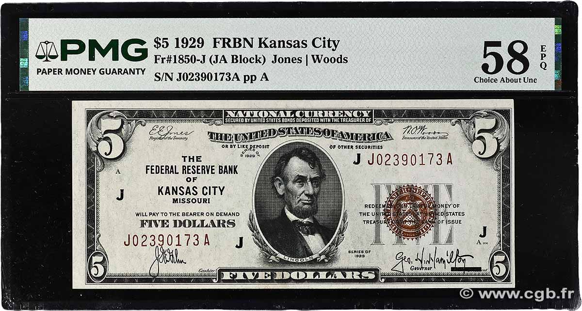 5 Dollars UNITED STATES OF AMERICA Kansas City 1929 P.395J AU