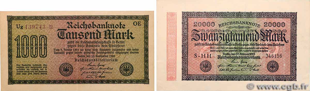 1000 et 20000 Mark Lot GERMANY 1922 P.076a et P.085a AU-