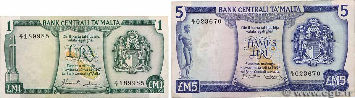 1 et 5 Liri Lot MALTE 1973 P.31f et P.32d F+