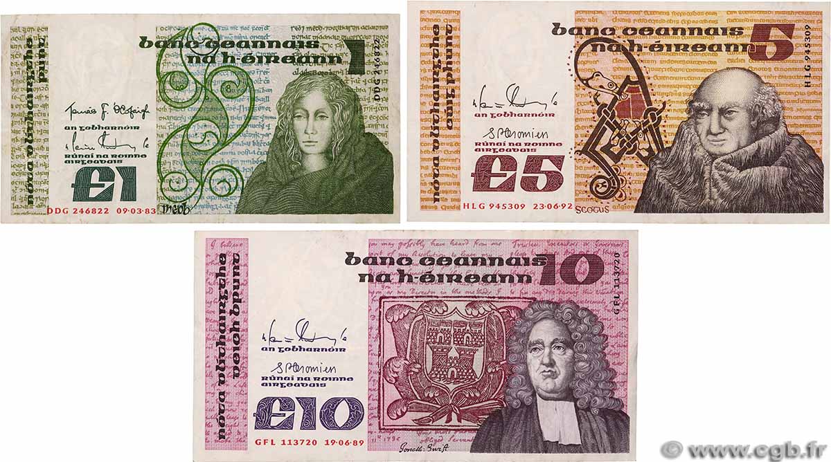 1, 5 et 10 Pounds Lot IRELAND REPUBLIC 1983 P.070c, P.071e et P.072c F+
