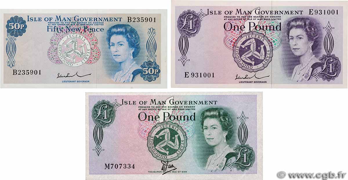 50 New Pence et 1 Pound Lot ÎLE DE MAN 1974 P.28b, P.29c, P.38 XF - AU