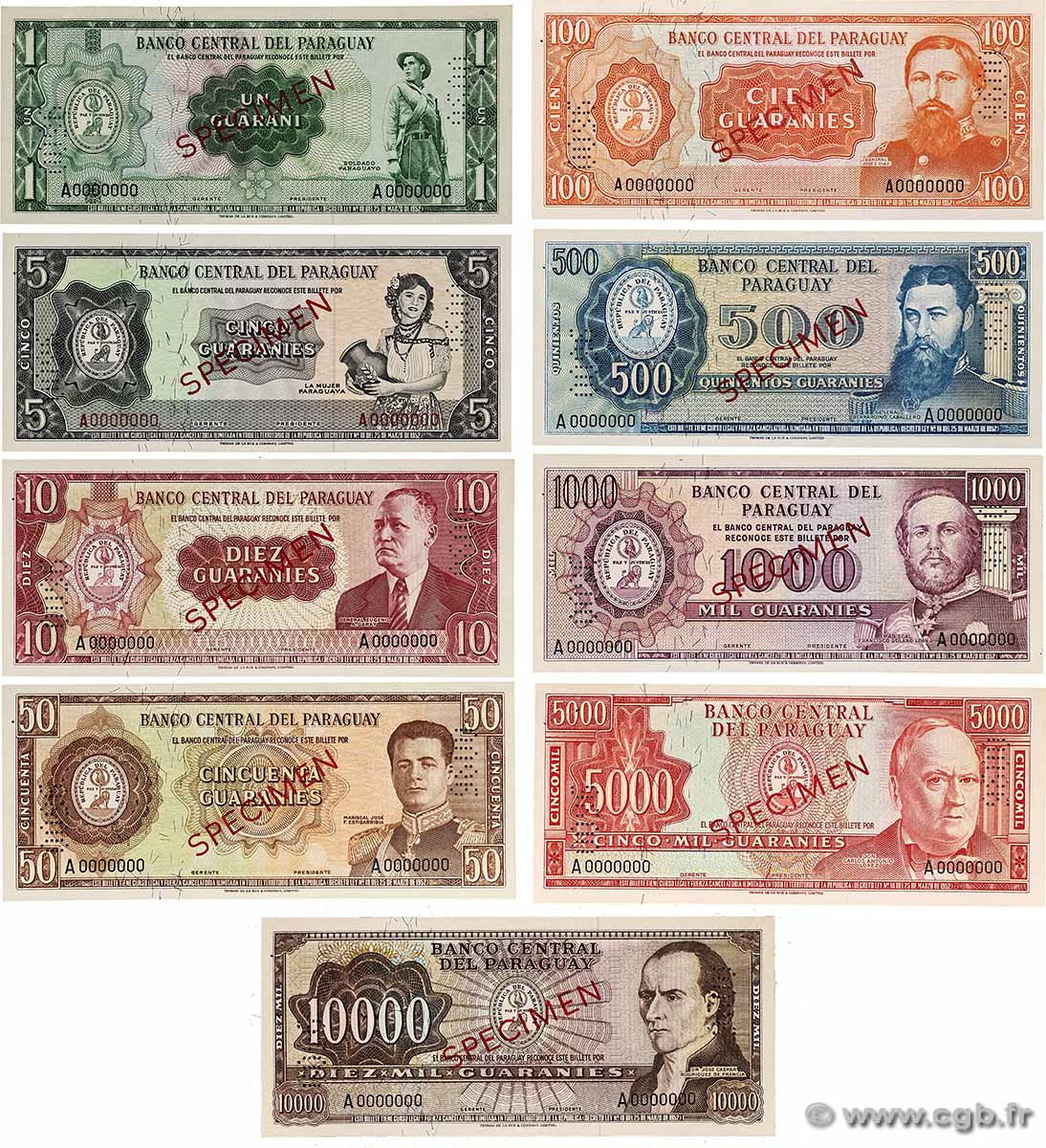 1 à 10000 Guaranies Spécimen PARAGUAY 1963 P.192s, P.195s, P.196s, P.197s, P.199s, P.200s, P.201s, P.202s et P.203s q.AU