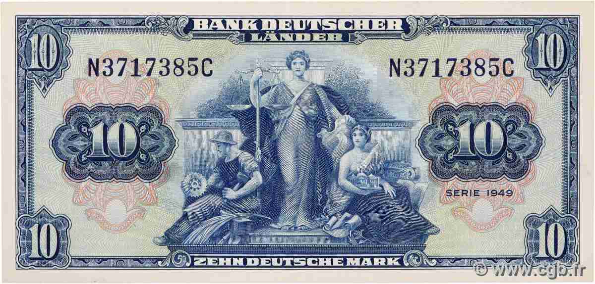 10 Deutsche Mark GERMAN FEDERAL REPUBLIC 1949 P.16a AU