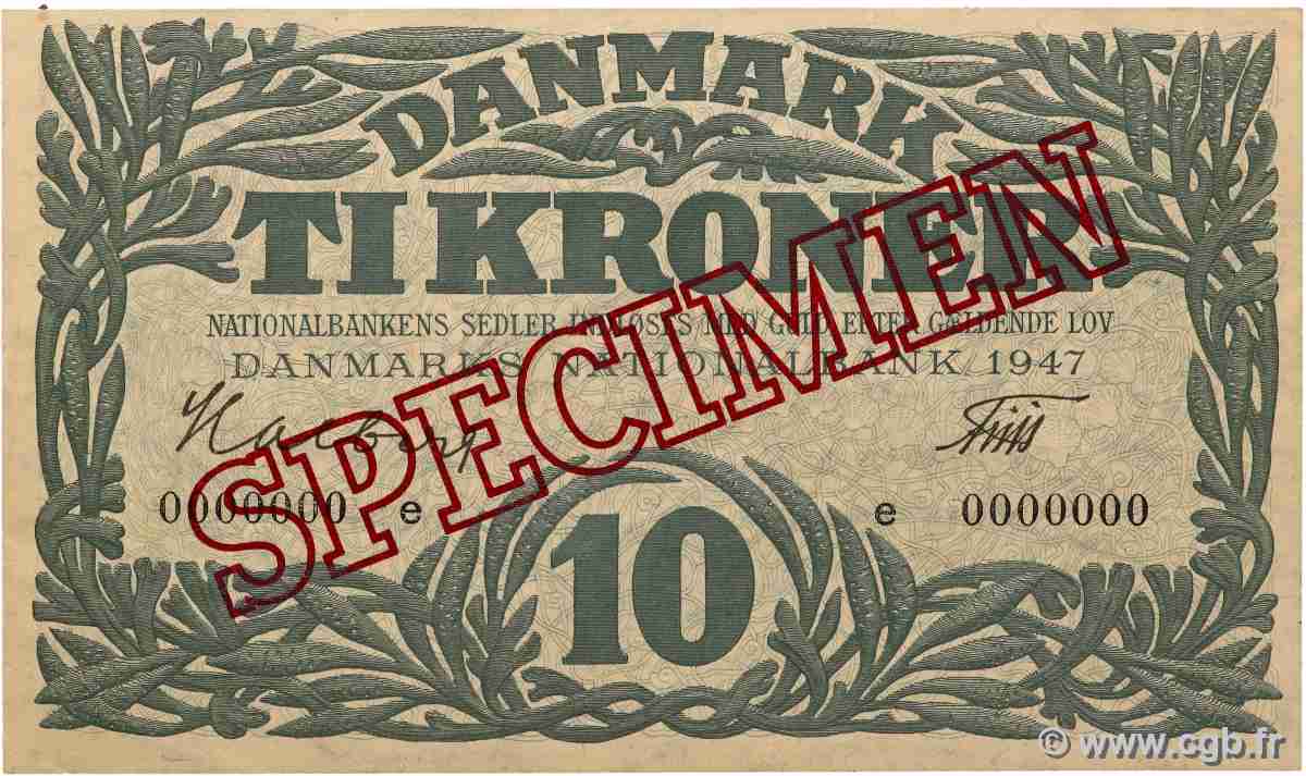 10 Kroner Spécimen DENMARK 1947 P.037es XF+
