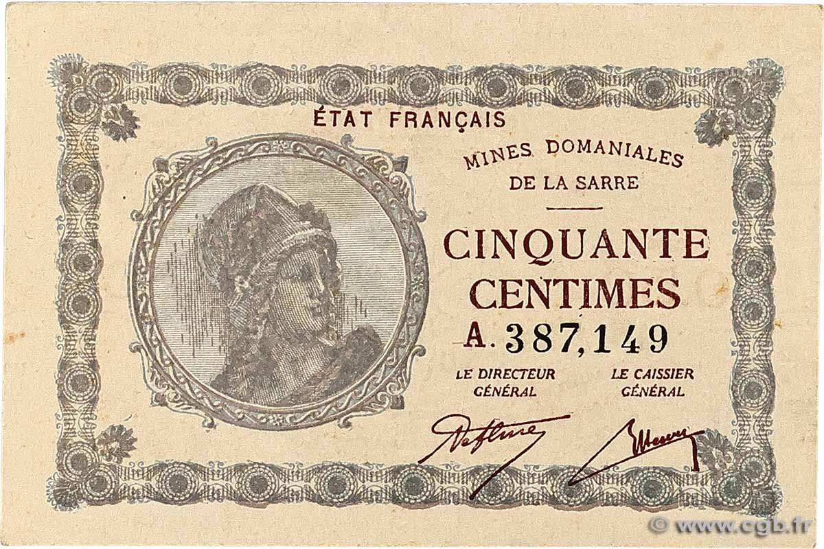 50 Centimes MINES DOMANIALES DE LA SARRE FRANCE 1920 VF.50.01 XF-