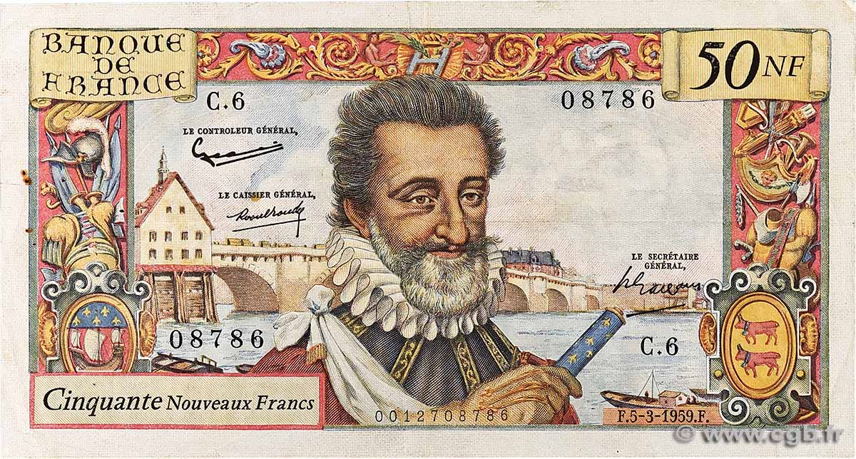 50 Nouveaux Francs HENRI IV FRANCE 1959 F.58.01 VF-