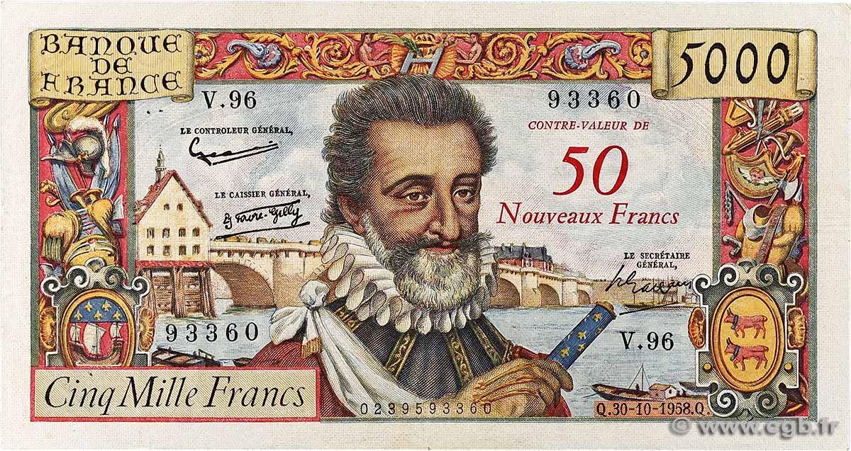 50 NF sur 5000 Francs HENRI IV FRANCE 1958 F.54.01 VF