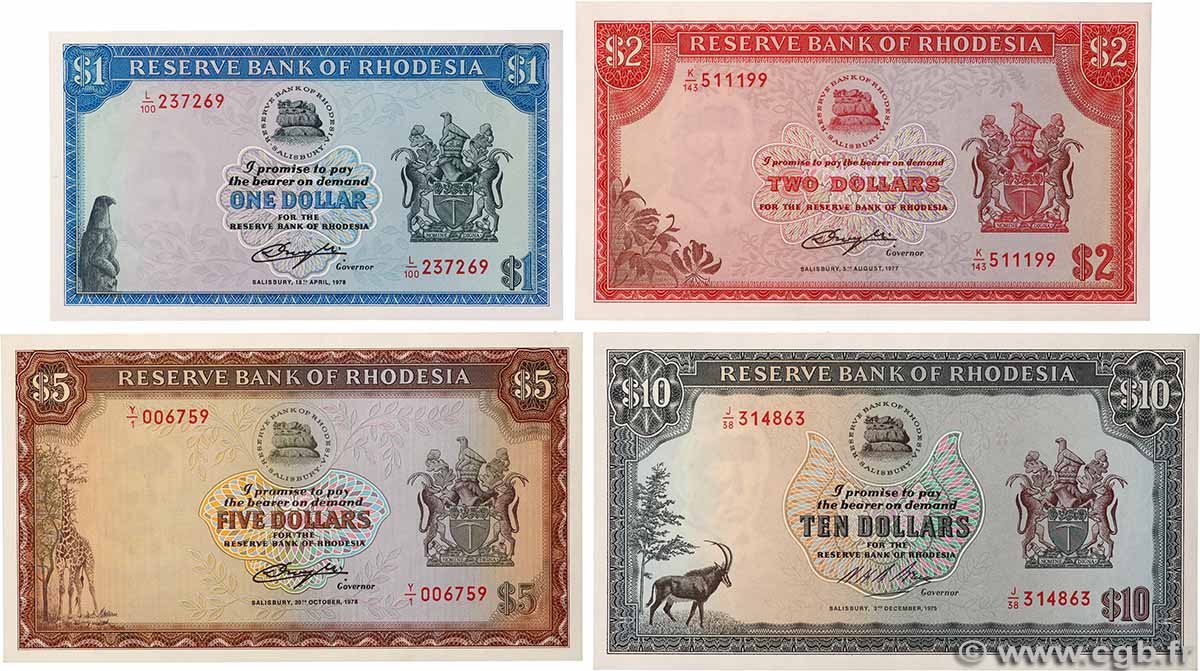 1, 2, 5 et 10 Dollars Lot RHODÉSIE 1978 P.33h P.34c, P.35b et P.36b pr.NEUF
