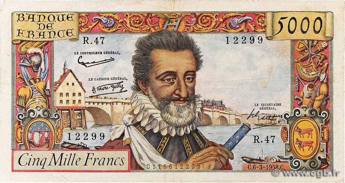 5000 Francs HENRI IV FRANCE 1958 F.49.06 VF-