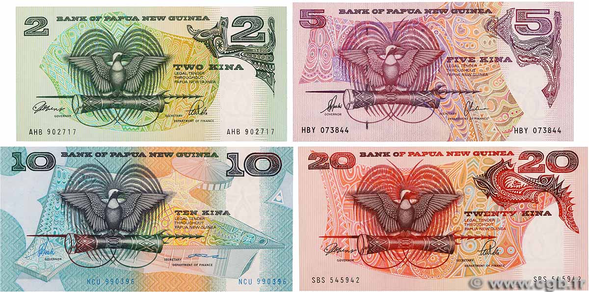 2, 5, 10 et 20 Kina Lot PAPUA NEW GUINEA 1997 P.05c, P.09c, P.10a et P.13b, UNC-