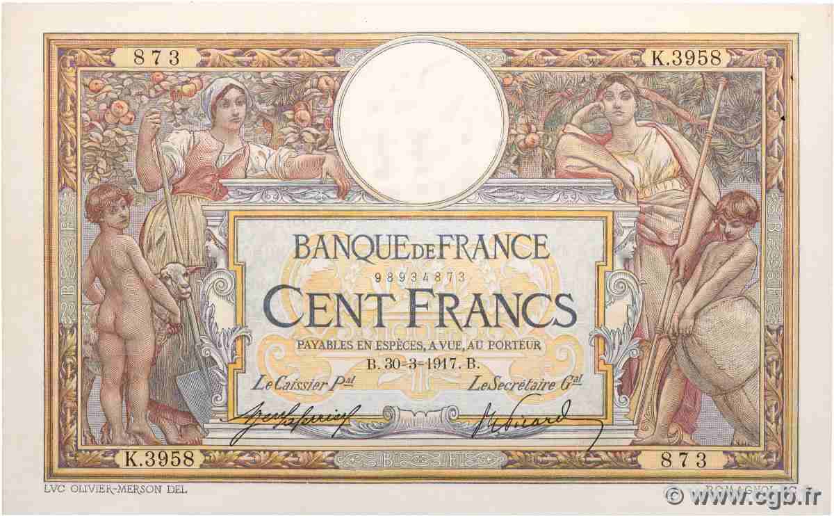 100 Francs LUC OLIVIER MERSON sans LOM FRANCIA 1917 F.23.09 q.SPL