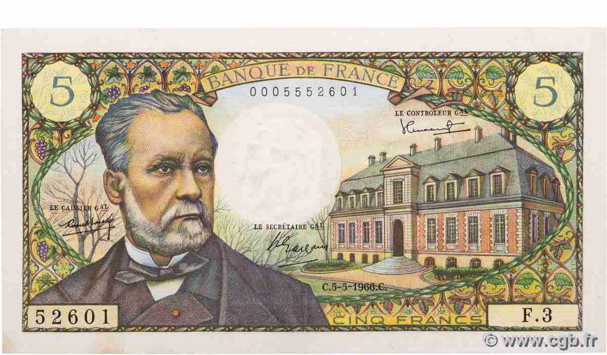 5 Francs PASTEUR FRANCIA 1966 F.61.01 q.AU