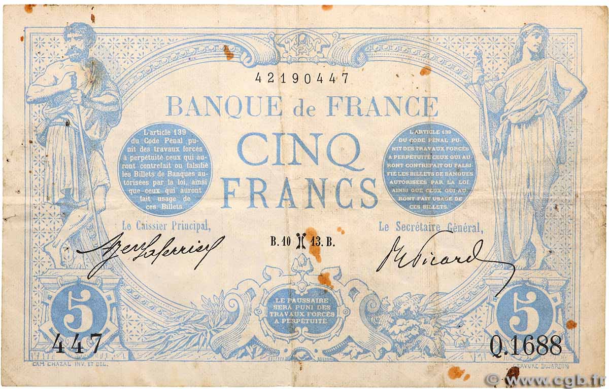 5 Francs BLEU FRANCIA 1913 F.02.13 q.BB