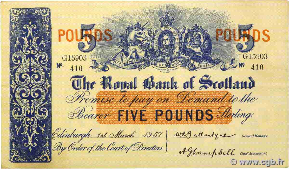 5 Pounds ÉCOSSE 1957 P.323a TTB+
