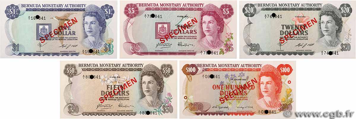 1, 5, 20, 50 et 100 Dollar Spécimen BERMUDA 1978 P.28bs, P.29as, P.31cs, P.32bs et P.33as UNC