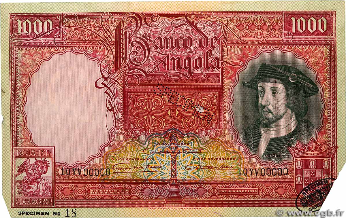 1000 Angolares Spécimen ANGOLA 1944 P.082s VF+