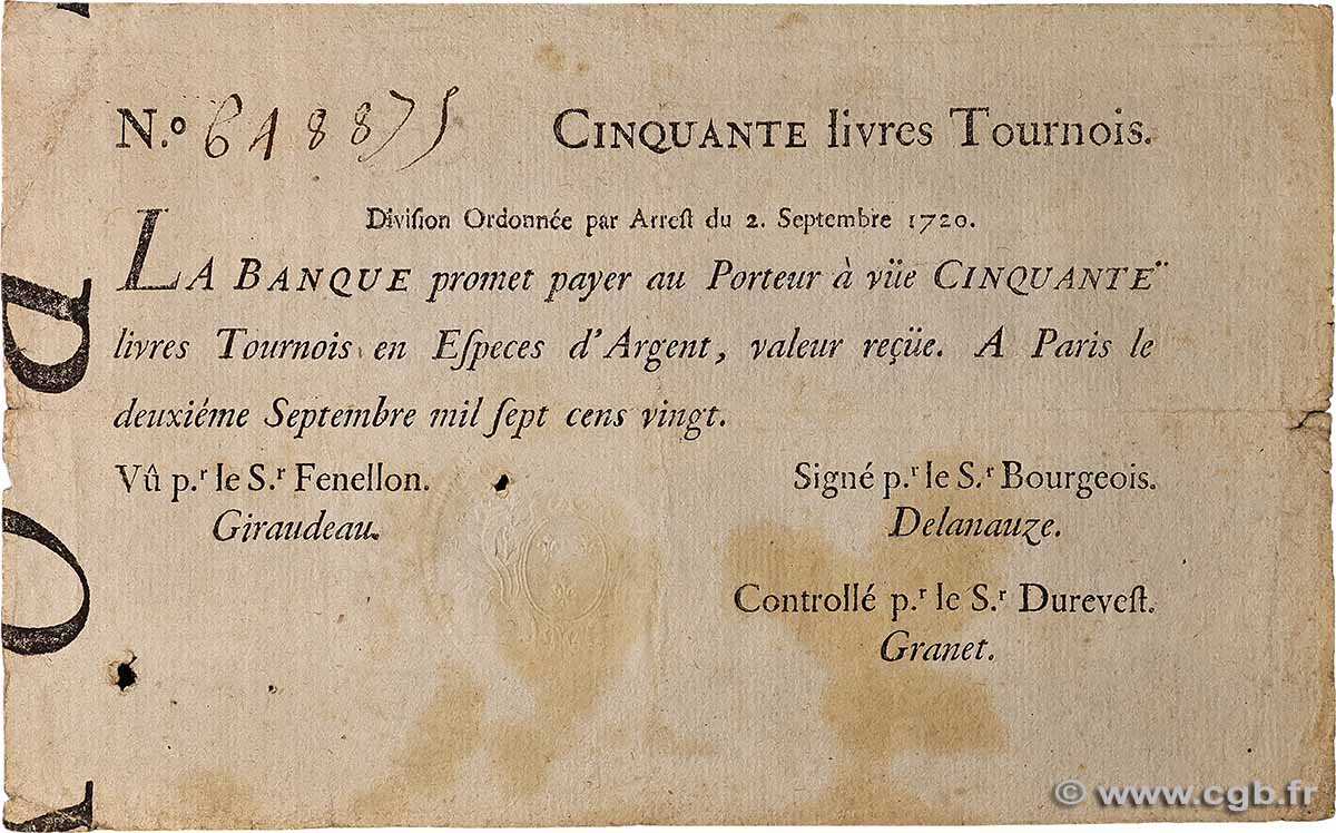 50 Livres Tournois typographié FRANCE 1720 Dor.24 VF-