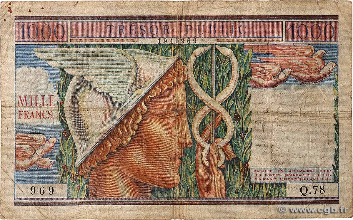 1000 Francs TRÉSOR PUBLIC FRANCE 1955 VF.35.01 F-