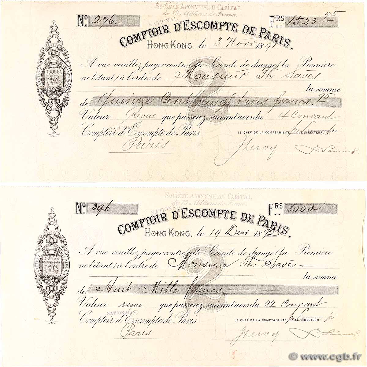 1523,95 et 8000 Francs Lot FRANCE regionalism and miscellaneous Paris 1891 DOC.Chèque VF+