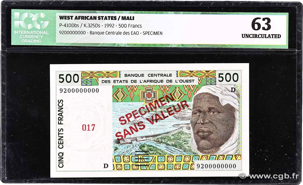 500 Francs Spécimen WEST AFRICAN STATES 1992 P.410Dbs UNC-