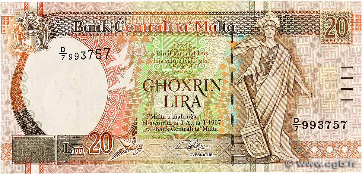 20 Liri MALTE 1989 P.44 VF+