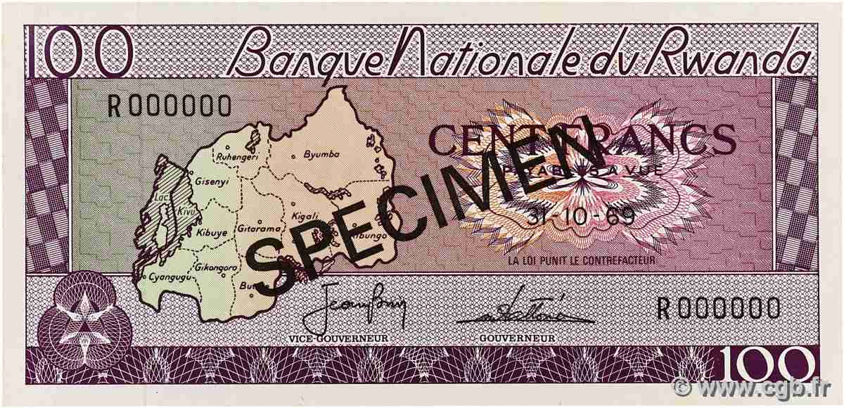 100 Francs Spécimen RWANDA 1969 P.08s1 NEUF