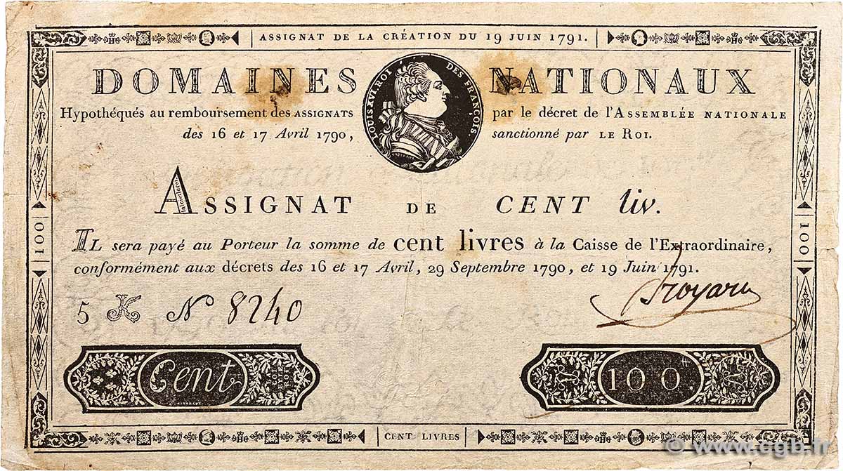 100 Livres FRANCE 1791 Ass.15a VF