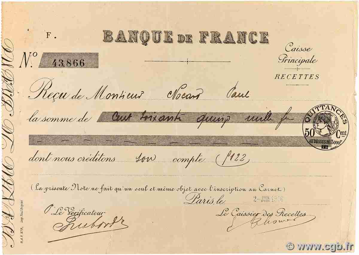 175000 Francs FRANCE regionalism and miscellaneous Paris 1916 Doc.Chèque VF