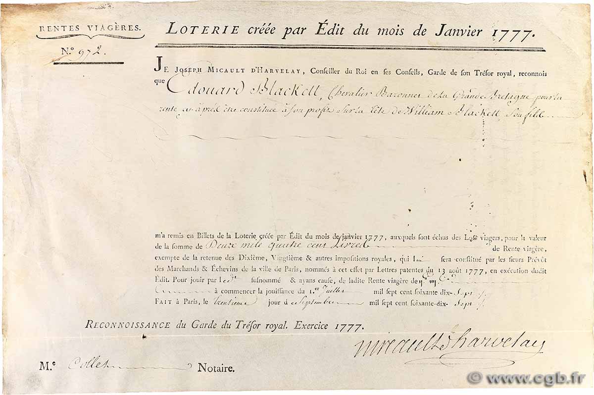 2400 Livres FRANCE regionalism and miscellaneous Paris 1777 F.- VF+