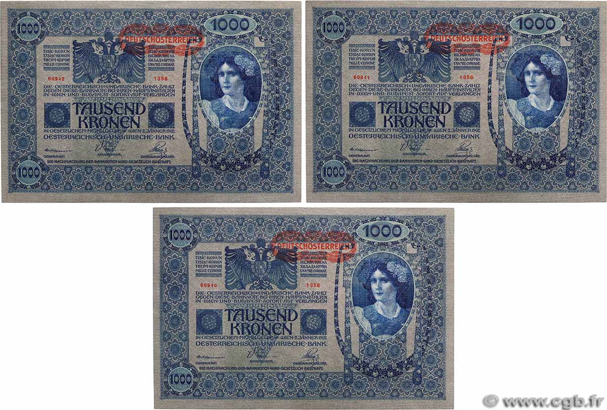 1000 Kronen Consécutifs AUSTRIA 1919 P.060 AU+