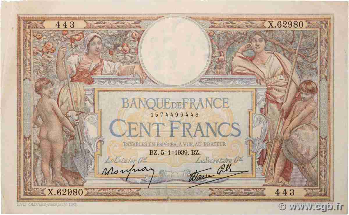 100 Francs LUC OLIVIER MERSON type modifié FRANCE 1939 F.25.38 VF