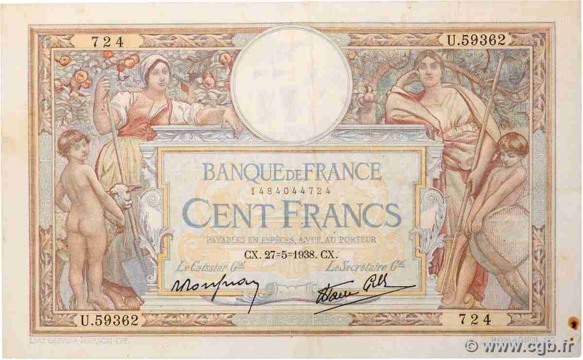 100 Francs LUC OLIVIER MERSON type modifié FRANCE 1938 F.25.20 VF
