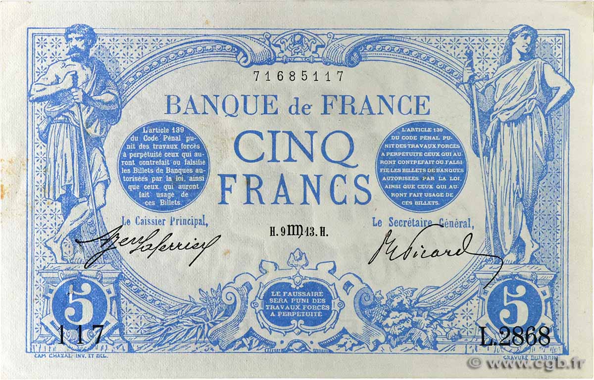 5 Francs BLEU FRANCE 1913 F.02.20 pr.SPL