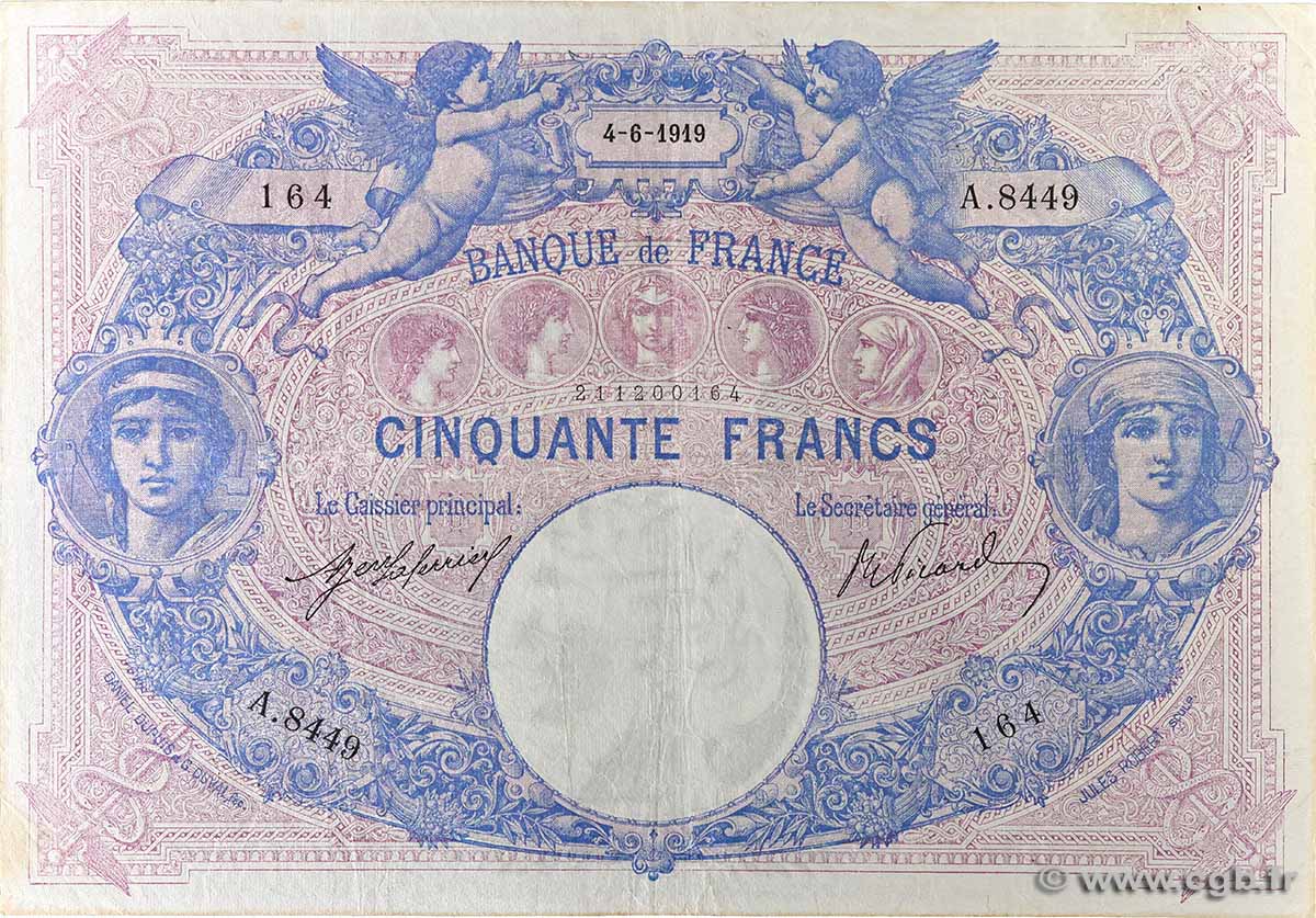 50 Francs BLEU ET ROSE FRANCE 1919 F.14.32 pr.TTB