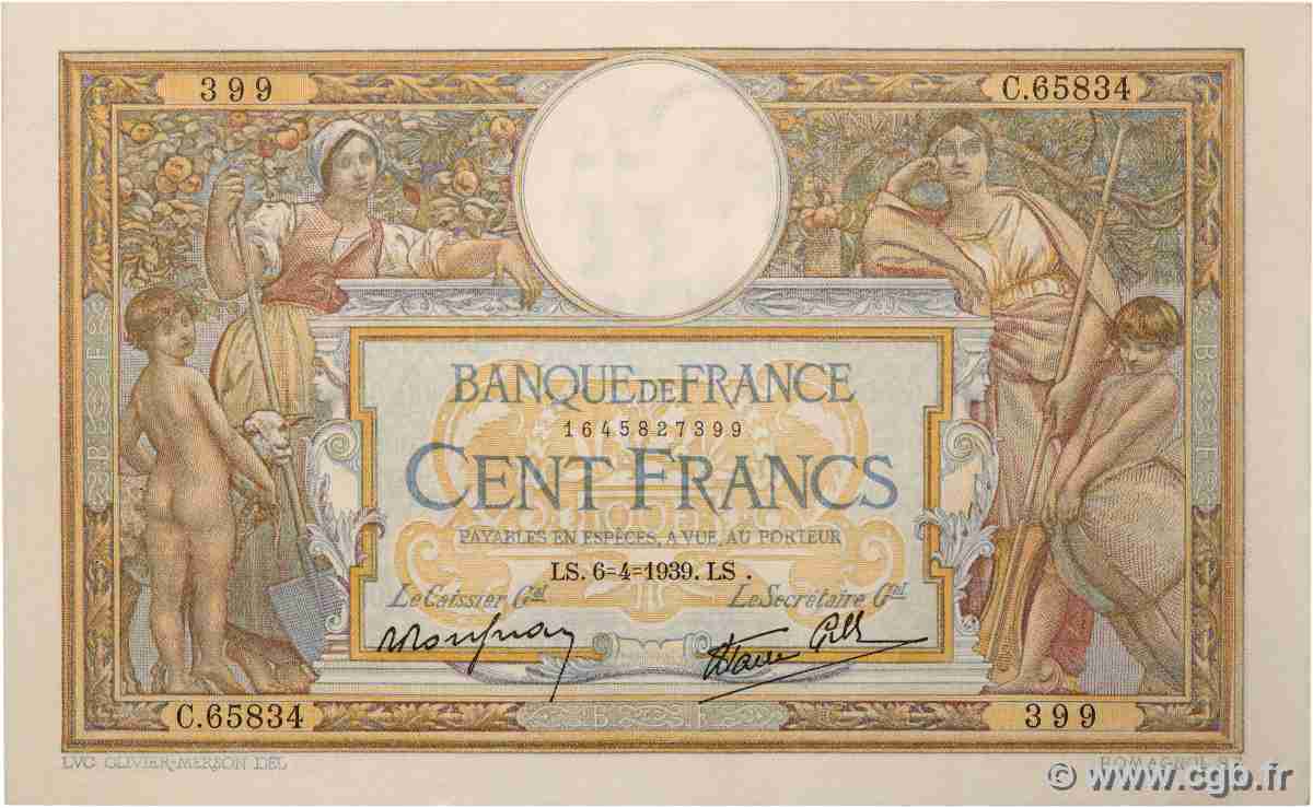 100 Francs LUC OLIVIER MERSON type modifié FRANCE 1939 F.25.45 VF