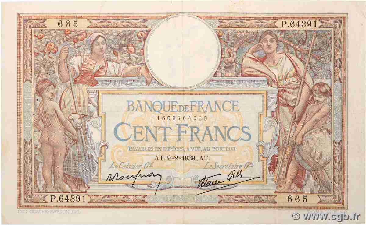 100 Francs LUC OLIVIER MERSON type modifié FRANCE 1939 F.25.42 VF