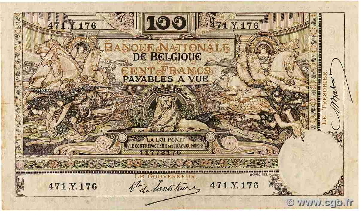 100 Francs BELGIO 1913 P.071 q.BB