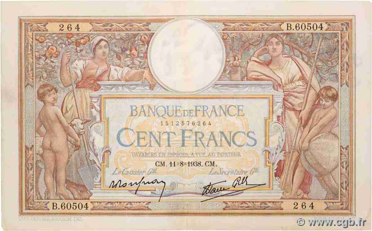 100 Francs LUC OLIVIER MERSON type modifié FRANCE 1938 F.25.28 VF