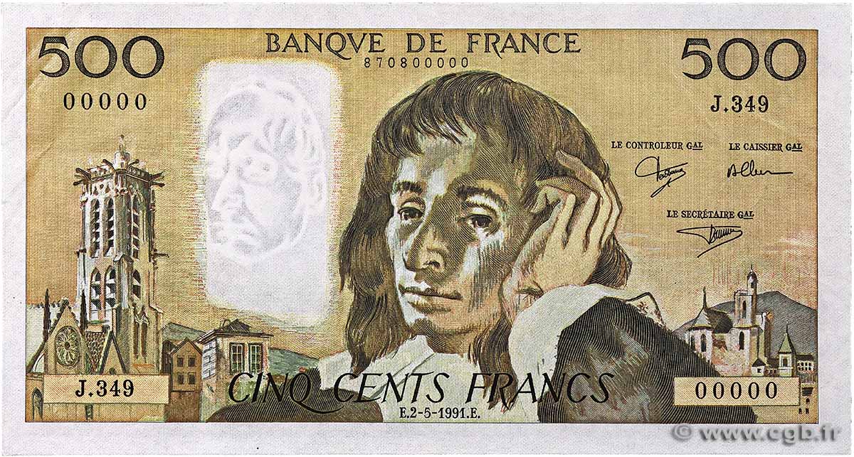 500 Francs PASCAL Numéro spécial FRANCE 1991 F.71.47 XF+