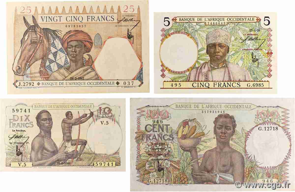 5, 10, 25 et 100 Francs Lot FRENCH WEST AFRICA 1939 P.LOT BB to SPL