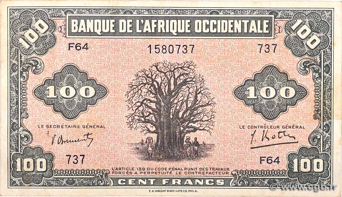 100 Francs FRENCH WEST AFRICA 1942 P.31a VF