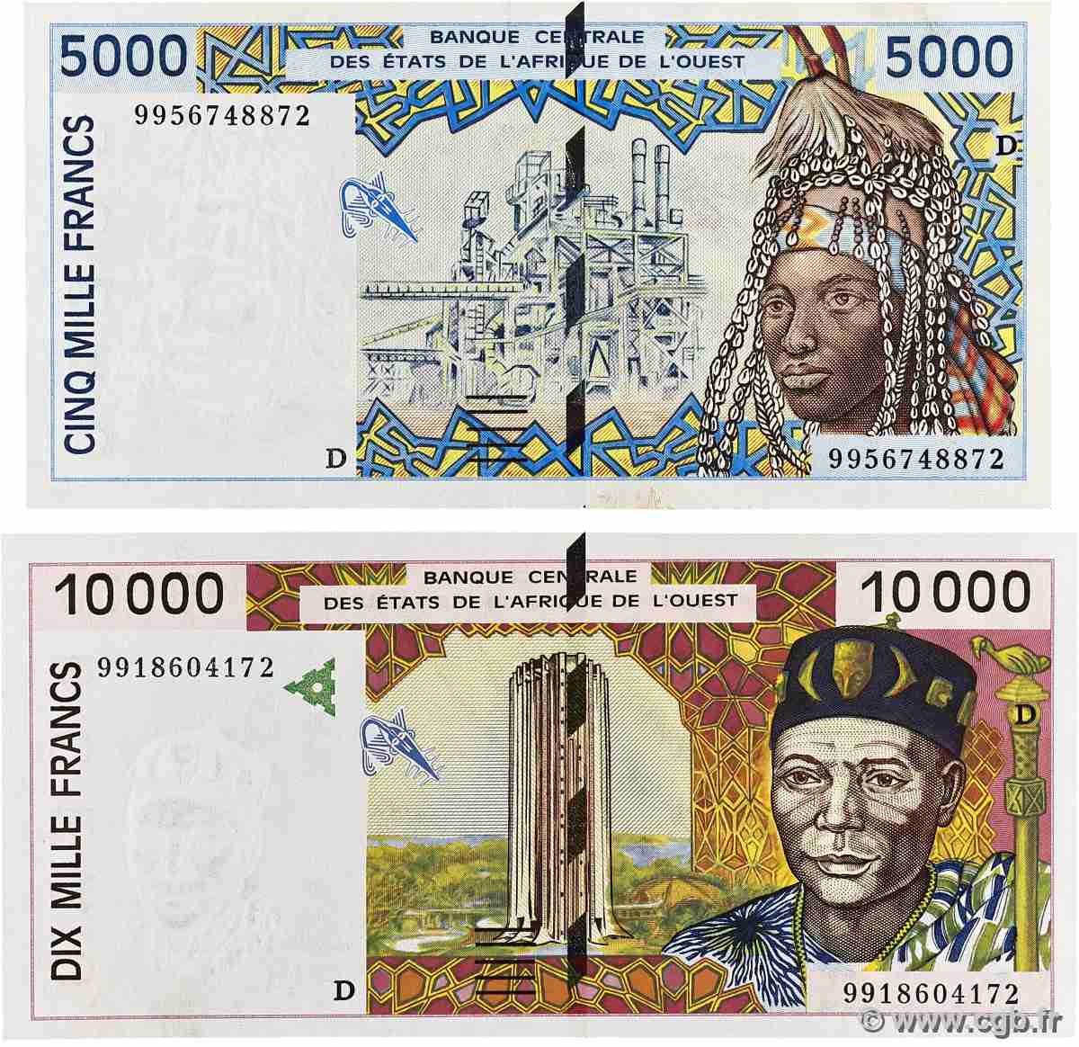 5000 et 10000 Francs Lot WEST AFRIKANISCHE STAATEN 1999 P.413Dh et P.414Dh fST